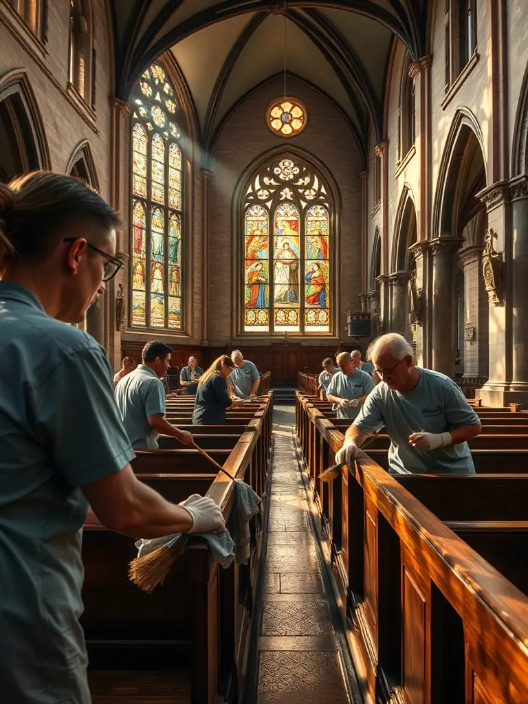 A group of volunteers cleaning and restoring antique furniture inside a historic mansion, emphasizing community involvement in preservation efforts.