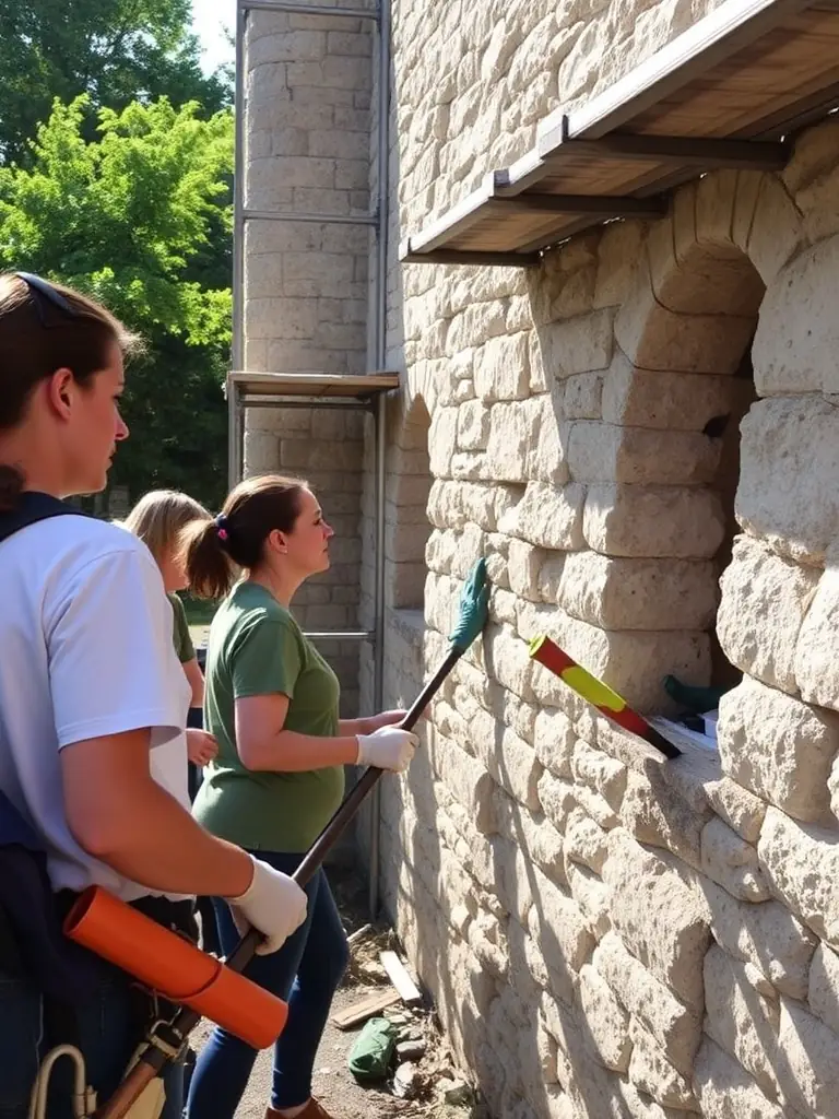 A beautifully restored French chateau with volunteers working on the garden, showcasing DH LA DEMEURE HISTORIQUE's hands-on preservation efforts.