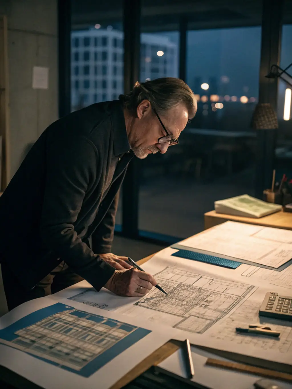 An expert architect examining blueprints of a historical building, emphasizing the importance of careful planning and research in preservation projects.