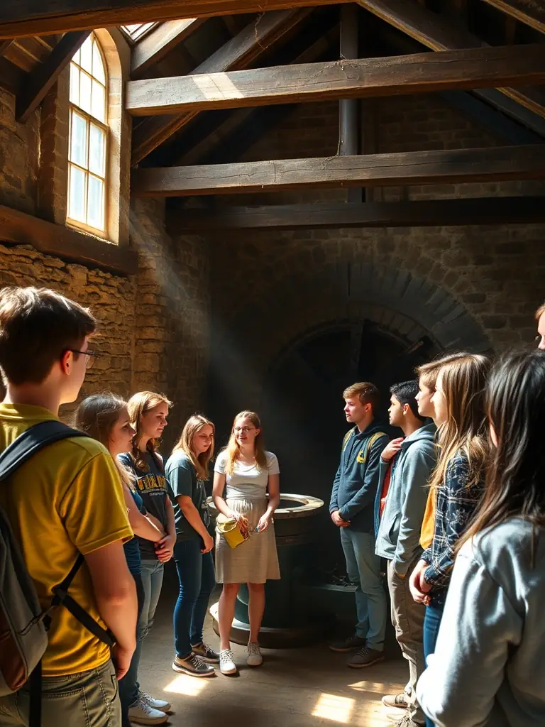 A group of students on a guided tour of a historical house, listening attentively to the guide, illustrating DH LA DEMEURE HISTORIQUE's educational initiatives.