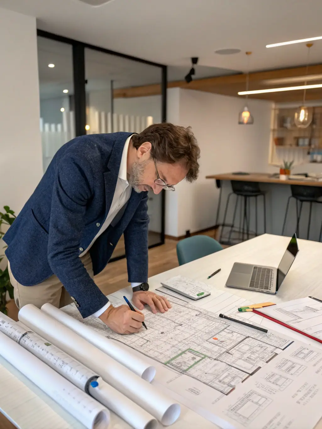 An expert architect examining the blueprint of a historical building, emphasizing DH LA DEMEURE HISTORIQUE's commitment to research and study.
