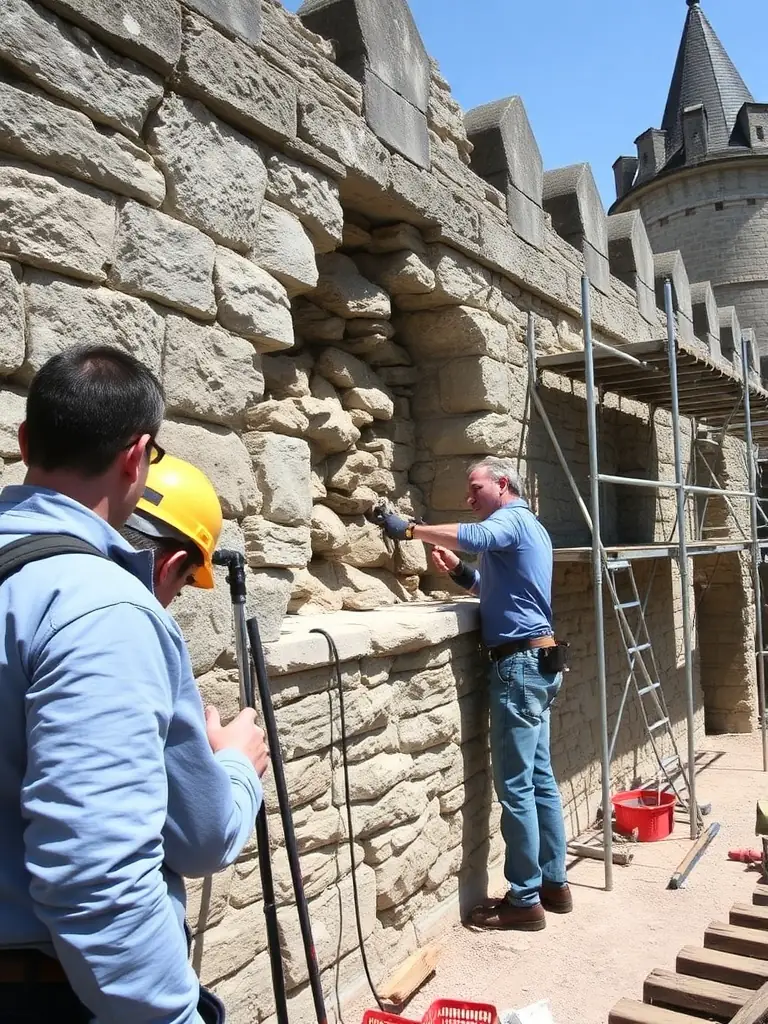 A beautifully restored medieval castle with workers carefully repairing a stone wall, showcasing the meticulous work involved in heritage preservation.
