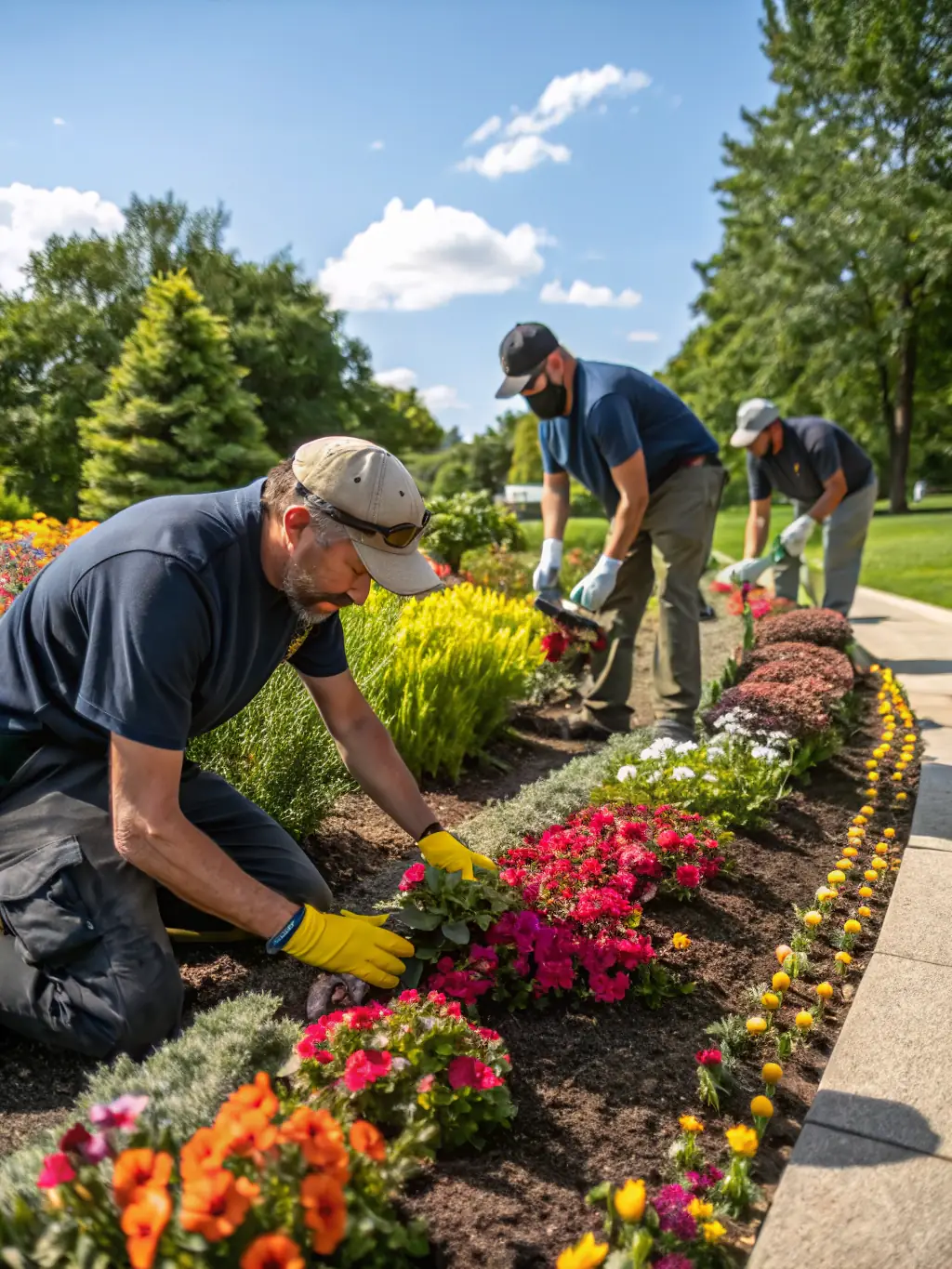A meticulously maintained historic garden with volunteers planting flowers and tending to the landscape, highlighting the importance of preserving natural heritage.