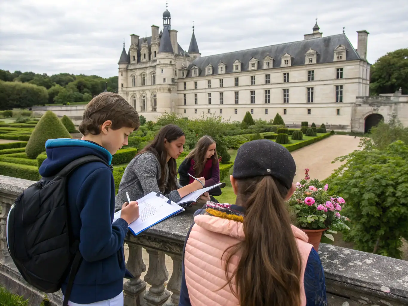 A photograph of a guided tour through a historic castle, with a knowledgeable guide explaining the history and architecture to an engaged group of visitors.